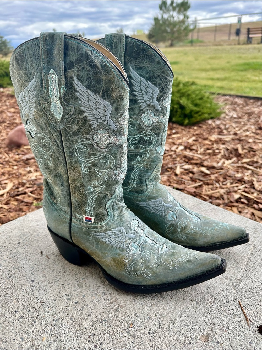 Womens Teal Embroidered Winged Western Heeled Boots